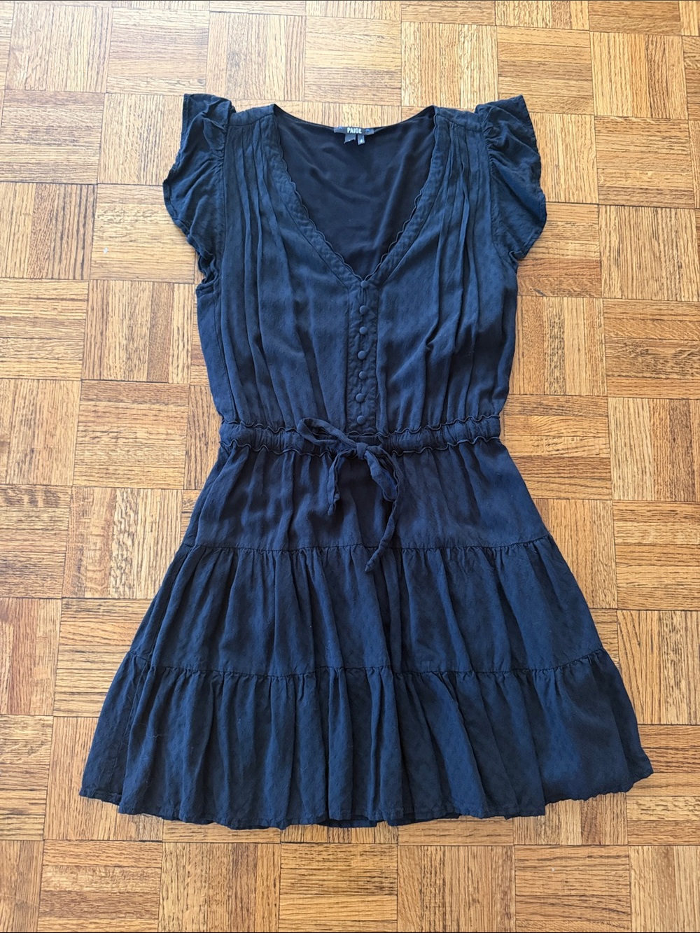 Paige Women's Black Tiered V-Neck Short Dress with Tie Waist